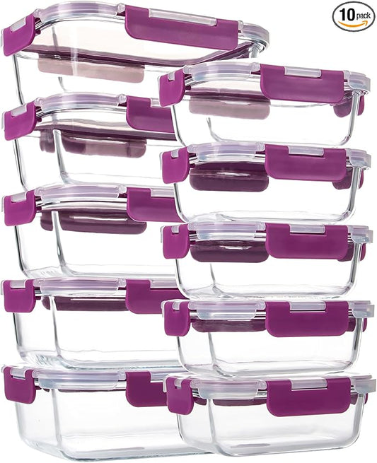 10 Pack Glass Food Storage Containers with Airtight Lids, Ideal for Meal Prep, Lunches - Microwave and Dishwasher Safe, Deep Purple
