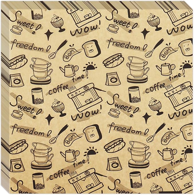 OTOPETE 200Pcs Grease Resistant Food Paper Sheets, 10"x10" Kraft Paper, Coffee Theme Hamburger Sandwich Basket Liner, Tray Liner, for Home Kitchen Baking, Picnic, Party