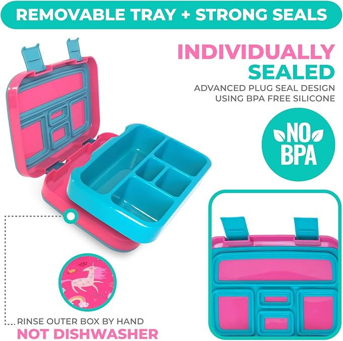 Unicorn Bento Lunch Box for Girls Toddlers, 5 Portion Control Sections, BPA Free Removable Plastic Tray, Pre-School Kid Toddler Girl Daycare Lunches, Snack Container Ages 3 to 7 Pink