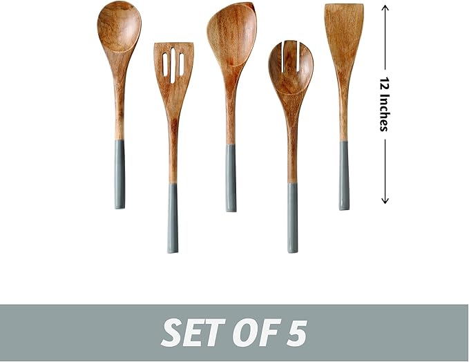 Folkulture Wooden Spoons for Cooking | 12" Premium Acacia Wooden Utensil Set of 5 - Smooth Finish, Soft Comfort Cooking Utensils Set for Kitchen, Gifts | Non Stick Wooden Cooking Utensils Set of 5