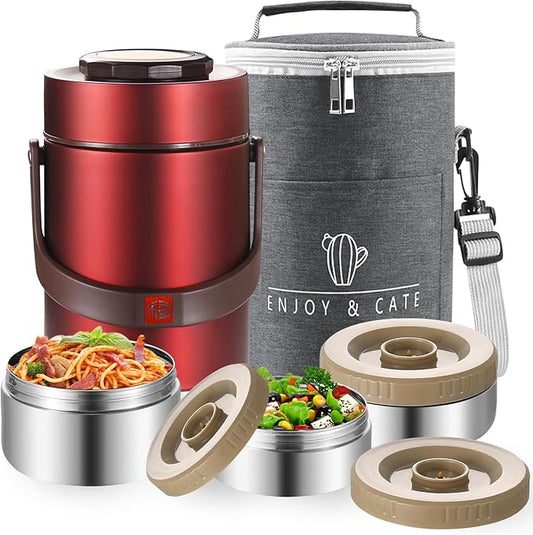 67 Oz Adults Stainless Steel Vacuum Soup Thermos For Hot Food with Inserts Stackable Bento Box and Lunch Bag,Width Mouth Portable Nsulated Food Jar Lunch Container (red, 67 oz)