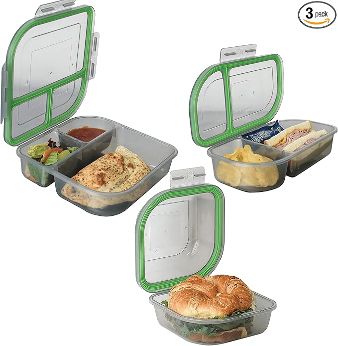 Assorted Size To-Go Food Containers, Pack Of 3, Reusable, Microwave Safe, Smoke/Green, NSF Certified, Smoke/Green