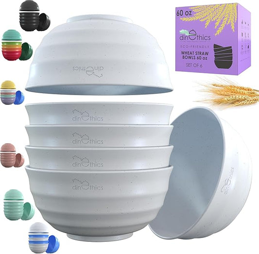 6 Wheat Straw White Bowl 60 OZ - Deep Microwave Safe Bowls For Kitchen - Alternate To Large Plastic Salad Bowl Set Of 6 - PHO Bowls For Soup Cereal Salad Rice Pasta Popcorn Snack