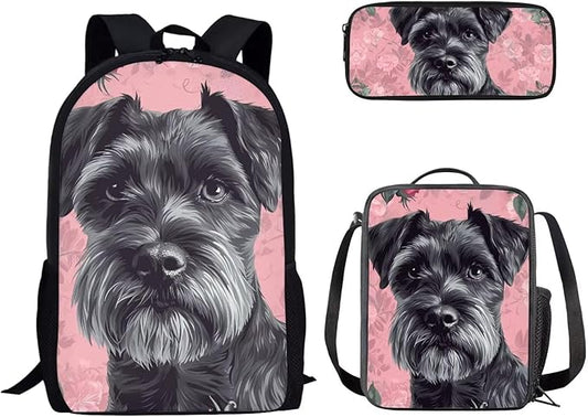 Dolyues Yorkshire Terrier Girls' 3-Piece Backpack Set 17 Inch Cute School Backpack, Insulated Lunch Bag & Pencil Case for Elementary Students