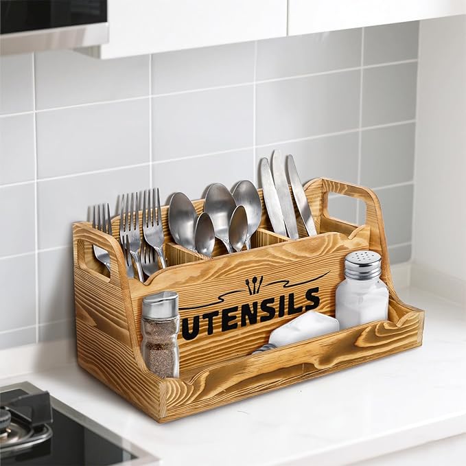 15" Kitchen Utensil Holder with Spice Bottles Tray, Extra Large Wood Countertop Utensil Organizer with Handles, 4 Compartment Cooking Tool Storage Caddy for Home Decor Gift