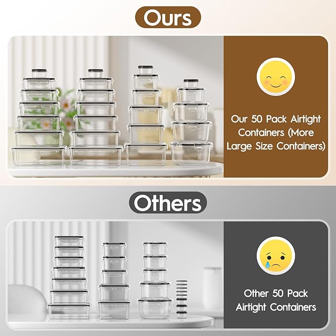 50 Pcs Large Food Storage Containers with Lids Airtight, Total 628.8OZ Stackable Kitchen Organization Set, BPA-Free Plastic Meal Prep Container with Labels & Marker Pen