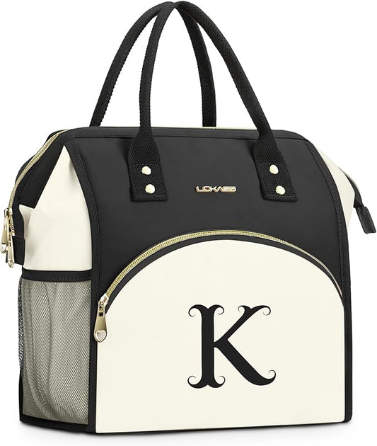 Personalized Lunch Bag for Women, Preppy Reusable Insulated Initials Lunch Box Gift for Friend Large Wide-Open Water Resistant Adult Cooler Tote Bag for Work, Travel, Picnic - Black K