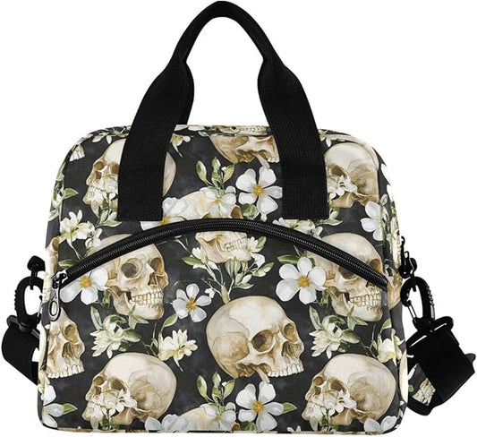 MNSRUU Insulated Lunch Bag Skull White Flower Women Men Fabric Dinner Tote Cooler Bag Reusable Leakproof Lunch Box with Adjustable Shoulder Handles Strap For Work School