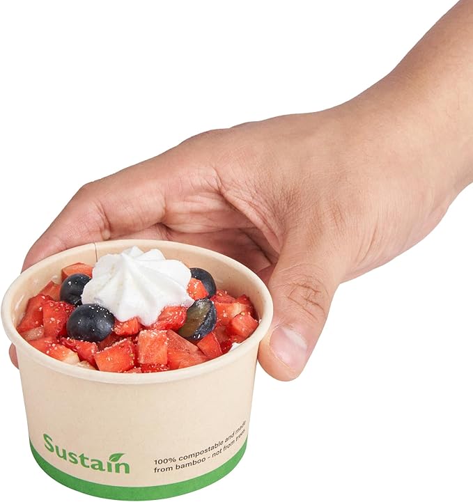 Restaurantware-Sustain 5 Ounce Paper Soup Containers, 50 Disposable Ice Cream Cups - Lids Sold Separately, With PLA lining, Bamboo To Go Hot Soup Bowls, Compostable, Greaseproof