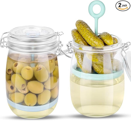 2 Pack Glass Pickle Jar with Strainer, 34 OZ Pickle Storage Container Keeper with Lift Strainer, Juice Separator Jar with Leak Proof Airtight Lid for Olive Gherkin Jalapeno Mothers Day Gifts