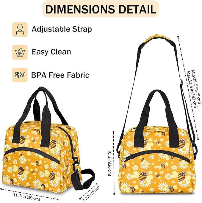 Pardick Yellow Bee Insulated Lunch Bag, Cute Flower Daisy Box with Shoulder Strap, Reusable Large Container for School, Office, Travel, Picnic, Beach, Outdoor Use