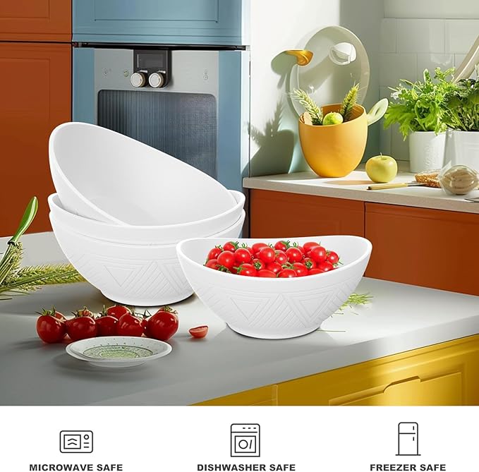65 OZ Big Bowl Set - Wheat Straw Bowls Unbreakable Salad Bowls Set of 4, Plastic Bowl Reusable for Kitchen, Camping, Party, Popcorn, Microwave & Dishwasher Safe Bowl (White)