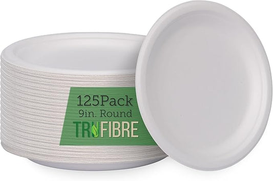 9" Paper Plates, Compostable Bagasse Food Container, Disposable, Microwave Safe for Lunch, Dinner, Party, Supplies, Events, Bulk 125 Pack