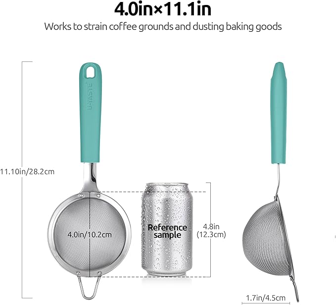 U-Taste 18/8 Stainless Steel 3.9in Small Fine Mesh Strainer with Sturdy Handle and Frame, and 18/8 Stainless Steel Square Measuring Spoons Set of 8 (Aqua Sky+Silver)