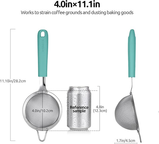 U-Taste 18/8 Stainless Steel 3.9in Small Fine Mesh Strainer with Sturdy Handle and Frame, and 18/8 Stainless Steel Square Measuring Spoons Set of 8 (Aqua Sky+Silver)