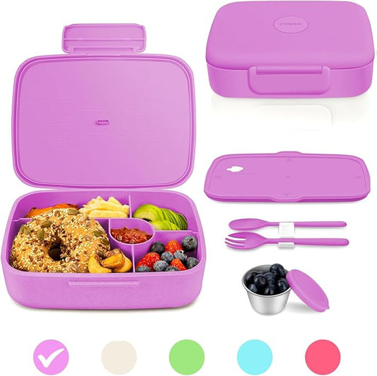Bento Lunch Box with Kids/Adults, 5 Compartments Leakproof Lunch Container with Dressing Cup, Eco-Friendly Double Insulated Boxes, Dishwasher and Microwave Safe, BPA-Free (purple)