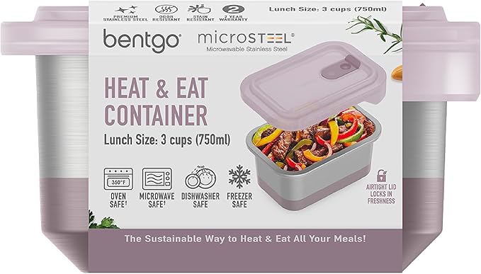 Bentgo MicroSteel Heat & Eat Container - Microwave-Safe, Sustainable & Reusable Stainless Steel Food Storage Container with Airtight Lid for Eco-Friendly Meal Prepping (Lunch Size - 3 Cups)