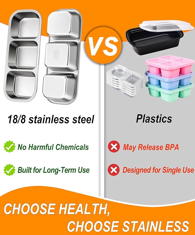 3 Pack Stainless Steel Snack Containers for Kids & Adults - Leek Proof Metal Bento Lunch Box with 3 Compartment - Lunchable Containers for Daycare, School, Work, Travel - Stackable Bento Snack Box