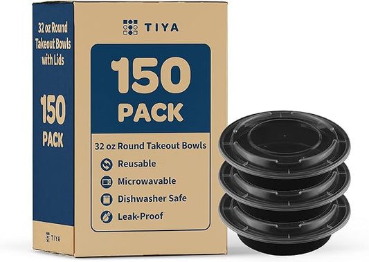 TIYA Takeout Food Containers – 32 oz Bulk 150 Pack with Lids – Plastic To-Go Round Bowls – Reusable, Microwavable, Dishwasher Safe – Leak-Proof, Great for Meal Prep – BPA-Free
