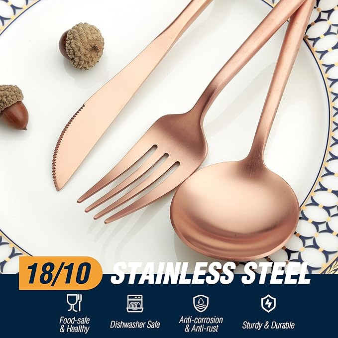 Matte Rose Gold Silverware Set, 20 Piece Stainless Steel Flatware Set Service for 4, Matte Rose Gold Cutlery Set, Include Knives/Forks/Spoons, Dishwasher Safe
