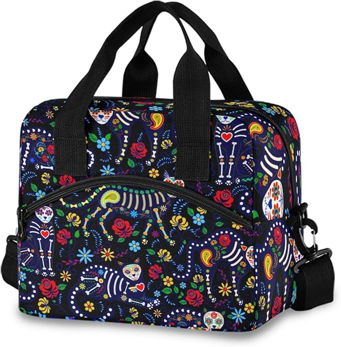 Cats and Sugar Skull Insulated Lunch Bag Reusable Lunch Tote Bag Cooler Bag for Women Men Adult Lunch Box with Adjustable Shoulder Strap Leakproof Lunch Bag for Work School Picnic Camping