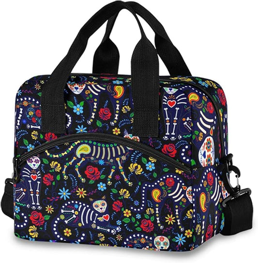 Cats and Sugar Skull Insulated Lunch Bag Reusable Lunch Tote Bag Cooler Bag for Women Men Adult Lunch Box with Adjustable Shoulder Strap Leakproof Lunch Bag for Work School Picnic Camping