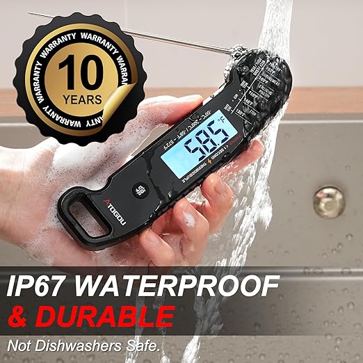 Professional Food & Meat Thermometer, 1 Sec Instant Read & ±0.5℉ Accuracy Driven by Thermocouple Sensor. IP67 Waterproof Digital Thermometer for Cooking, BBQ, Grilling. Gifts for Him Dad. Black