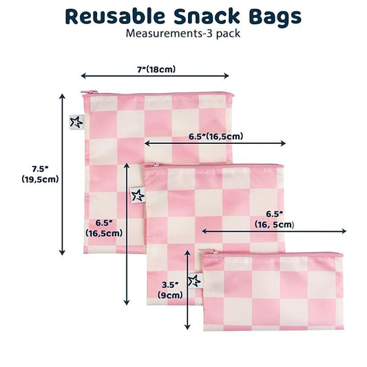 Tiny Twinkle 3 Pack Reusable Snack Bags - Machine Washable, PFAS, PVC, BPA, Phthalate-Free Reusable Baby and Toddler Food Safe Snack Bags (Pink Checkers)