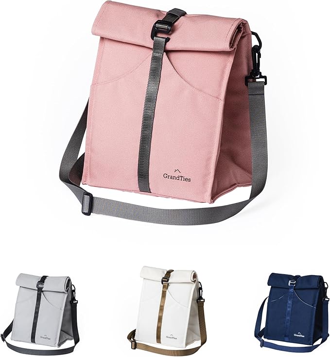 GRANDTIES Insulated Lunch Bag for Women, Men, Adults - Rolltop Leak Proof Meal Prep Lunch Box Containers, Reusable Snack Bags, Travel Cooler, Small Soft Cooler Bag, Fold Top Sandwich Bags, Pink