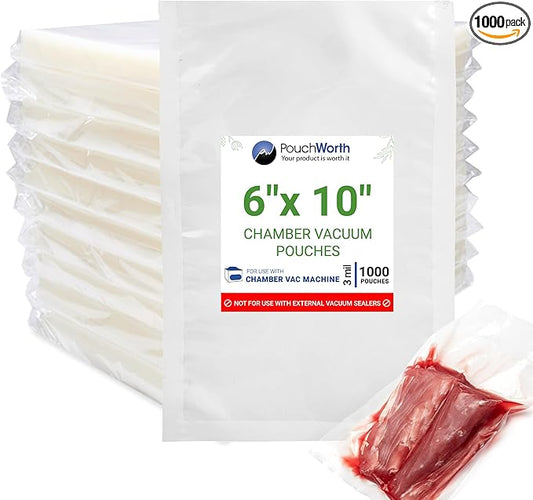 1,000 pcs Clear 6" x 10" Pint, 3 mil Chamber Machine Pouches, Pre-Cut Chamber Vacuum Sealer Bags, Heavy Duty Seal Pouch, BPA-Free Chamber Sealer Bags with Tear Notch