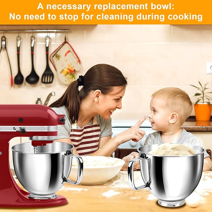 5 QT Food Grade Stainless Steel Mixer Bowl Compatible With KITCHENAID TILT-HEAD STAND MIXERS 4.5-5 Quart, Mixing Bowl with Anti-Slip Handle & Prominent Clasp, Stainless Steel Polished