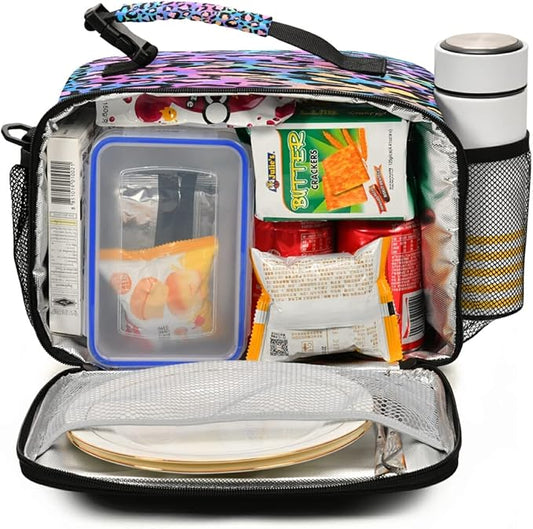 MNSRUU Student Lunch Bag Rainbow Leopard Insulated Lunch Totes Picnic Bag Lunch Box with Adjustable Shoulder Strap for Teen Kids Adults