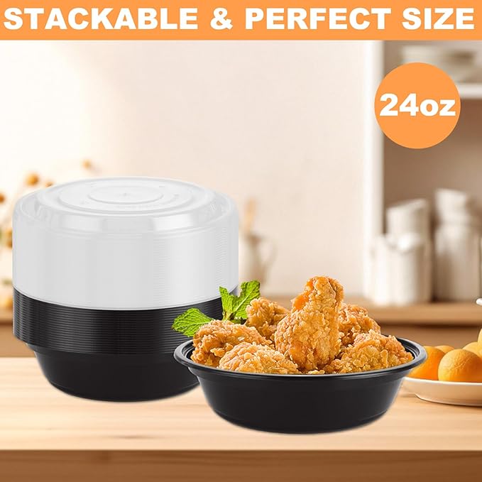50 Pack Meal Prep Containers with Lids, 24 Oz Meal Prep Bowls with Lids, Reusable Plastic Food Storage Containers, Stackable To Go Containers Microwave, Freezer, Dishwasher Safe, Round