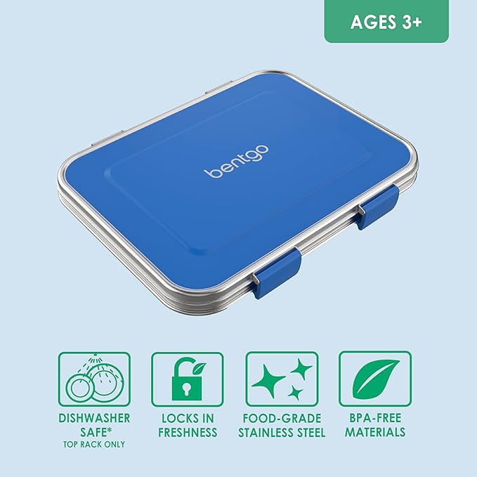 Bentgo Kids Stainless Steel Leak-Resistant Lunch Box - 3-Compartments with Bonus Silicone Container, Durable, Eco-Friendly, Dishwasher Safe, BPA-Free, Ideal for School, Ages 3+ (Blue)