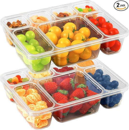 Freshmage Snackle Box Container - 2 Pack, 7 Compartment Divided Serving Tray with Lid, Portable Clear Snack Box Containers for Candy, Fruits, Nuts, and Snacks – Perfect for Travel, Parties, Picnics