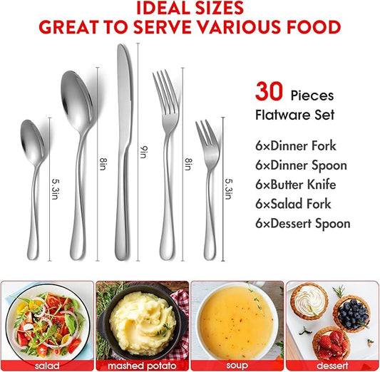 30 Pieces Flatware Set, Stainless Steel Cutlery Silverware Set Service for 6, Kitchen Utensil Set, Home Tableware Set, Include Knives Spoons Forks