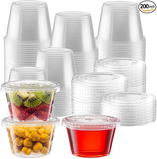 Jello Shot Cups with Lids, 4 oz Plastic Portion Cups with Lids, BPA-Free Disposable Condiment Dipping Sauce Cups, Leak-Proof Small Containers for Salad Dressing, 200 Count