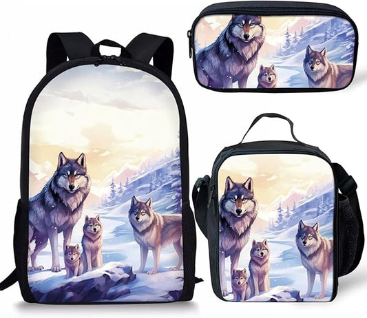 Dolyues Wolf Pattern Bookbag Backpacks Casual Daypack with Lunch Bag Pencil Case Set 3 Piece Backpack Set for Pre-School Girls & Boys Cool Kids 17" School Bag