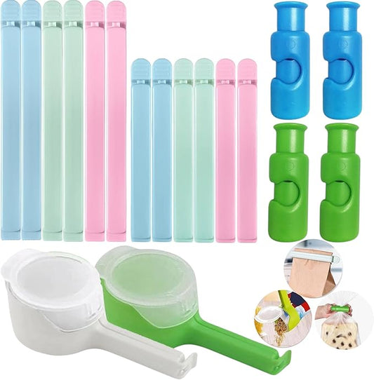 Bag Sealer Clips Mix Pack: 12 Bag Sealer Clips, 4 Squeeze-and-Lock Bread Bag Clips, and 2 Bag Sealing Clips with Pour Spouts – Reusable Food Storage Clips for Airtight Freshness and Spill-Free Storage