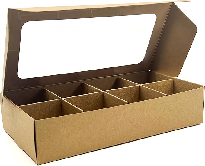 Treat boxes with window and dividers | 8 SMALL compartments | 8.75 x 4.5 x 1.9 in | Chocolate covered strawberries supplies, macaron boxes, baked goods packaging | 10-pack (Kraft)