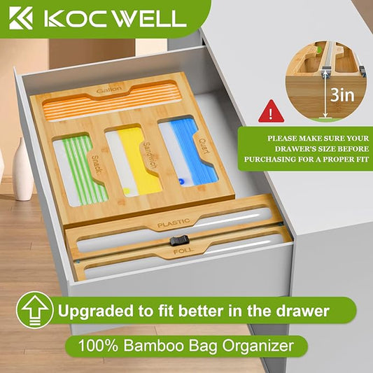 KOCWELL Bamboo Bag Storage Organizer - 2 Wrap Dispenser with Cutter & 4 Slots Food Storage Bags Container - Kitchen Drawer Plastic Bags Storage Organization for Gallon Quart Sandwich Snack Bags