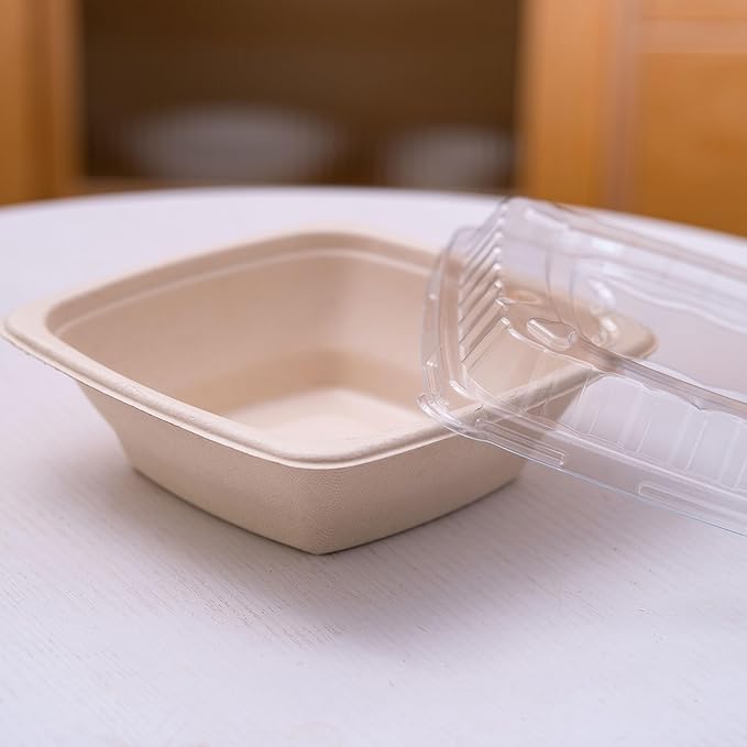 Paper Bowls 24 oz - Disposable Heavy Duty Compostable Square Bagasse Bowls for Salad, Chili, Poke, Burrito, Cereal, Pasta, Dessert, Biodegradable Meal Prep Containers with Lids, 25 Pack