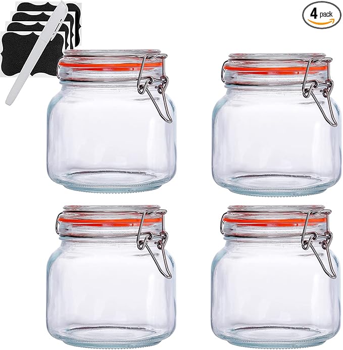 25 oz Glass Jars With Airtight Lids And Leak Proof Rubber Gasket,Wide Mouth Mason Jars With Hinged Lids For Kitchen Canisters 750ml, Glass Storage Containers