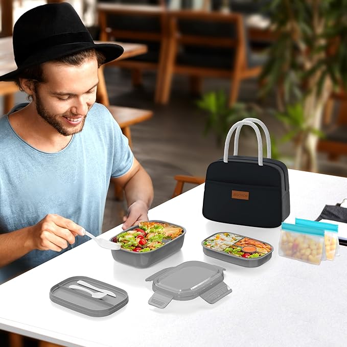 JBGOYON® Bento Lunch Box Set - 3 Stackable Containers for Adults and Kids- Includes Lunch Bag, Leak-Proof and BPA-Free - Built-in Utensil Set and Snack Bag - Dishwasher Safe(Grey Black)