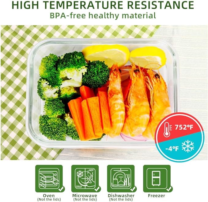 DAS TRUST [5-Packs, 36 Oz Glass Meal Prep Containers with Snap Locking Lids Glass Food Containers,Airtight Lunch Container,Microwave, Oven, Freezer and Dishwasher (4.5 Cup, Black)