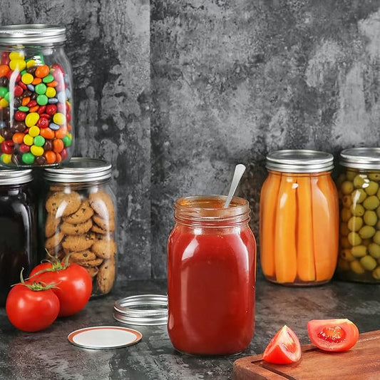 YEBODA 6 Pack Wide Mouth Mason Jars 32oz Glass Canning Jars with Airtight Lids and Bands for Preserving, Jam, Honey, Jelly, Wedding Favors, Sauces, Meal Prep, Overnight Oats, Salad, Yogurt