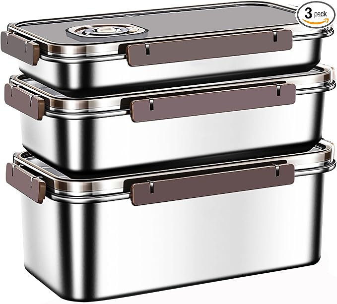 Large Stainless Steel Food Storage Containers, Food Containers with Lids for Kitchen, Picnic, Travel, Durable, Leak-Proof Design Set of 3 sizes