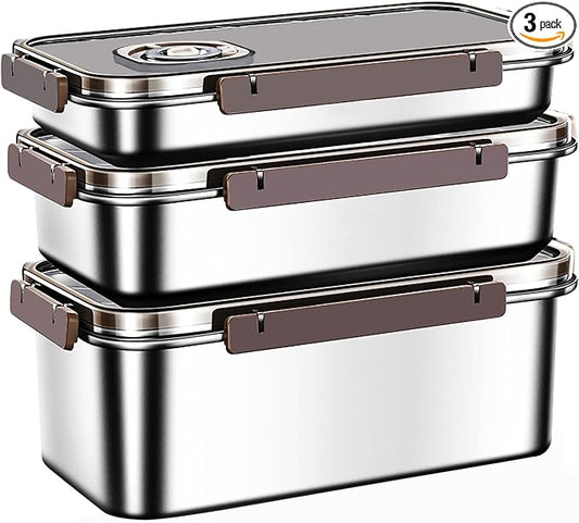 Large Stainless Steel Food Storage Containers, Food Containers with Lids for Kitchen, Picnic, Travel, Durable, Leak-Proof Design Set of 3 sizes
