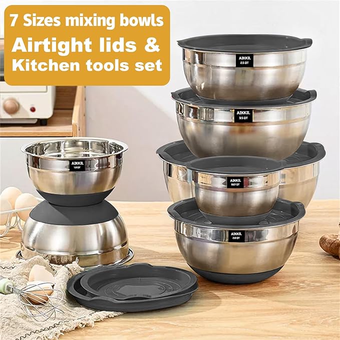 Mixing Bowls with Airtight Lids, 20 piece Stainless Steel Metal Nesting Bowls, Non-Slip Silicone Bottom, Size 7, 3.5, 2.5, 2.0,1.5, 1,0.67QT Great for Mixing, Baking, Serving (Grey)