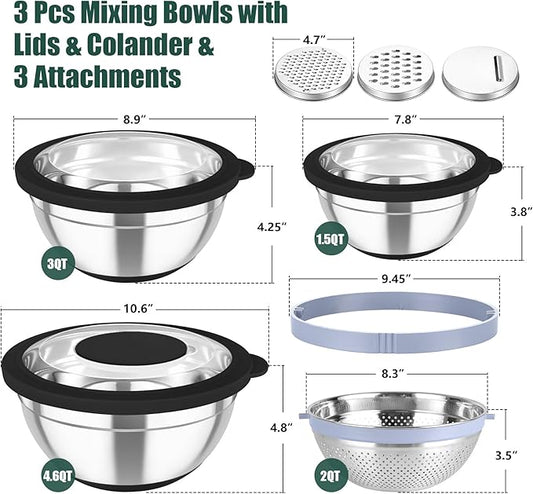 TeamFar Mixing Bowls with Colander Set, Stainless Steel Strainer and Nesting Salad Bowls, with Lids & 3 Graters, Non-Slip Bottom & Visible Lid, Rotatable & Dishwasher Safe, 4.6/3/1.5 QT, Black